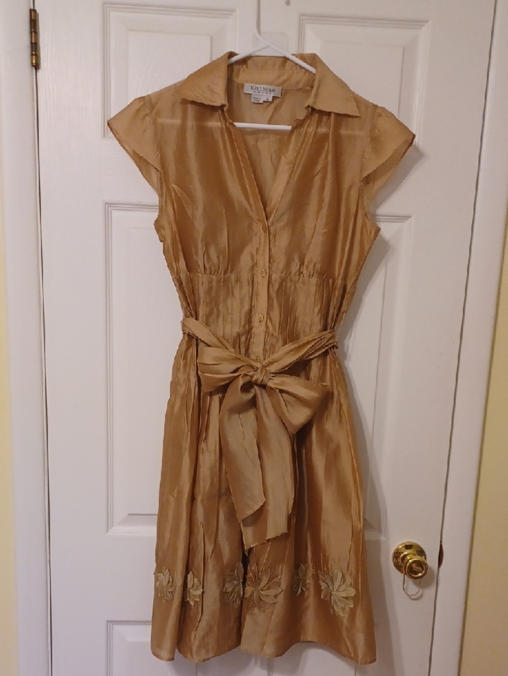Kay Unger Sz 8, Elegant Gold, Silk, Tie-Waist Fit & Flare, Belted Dress